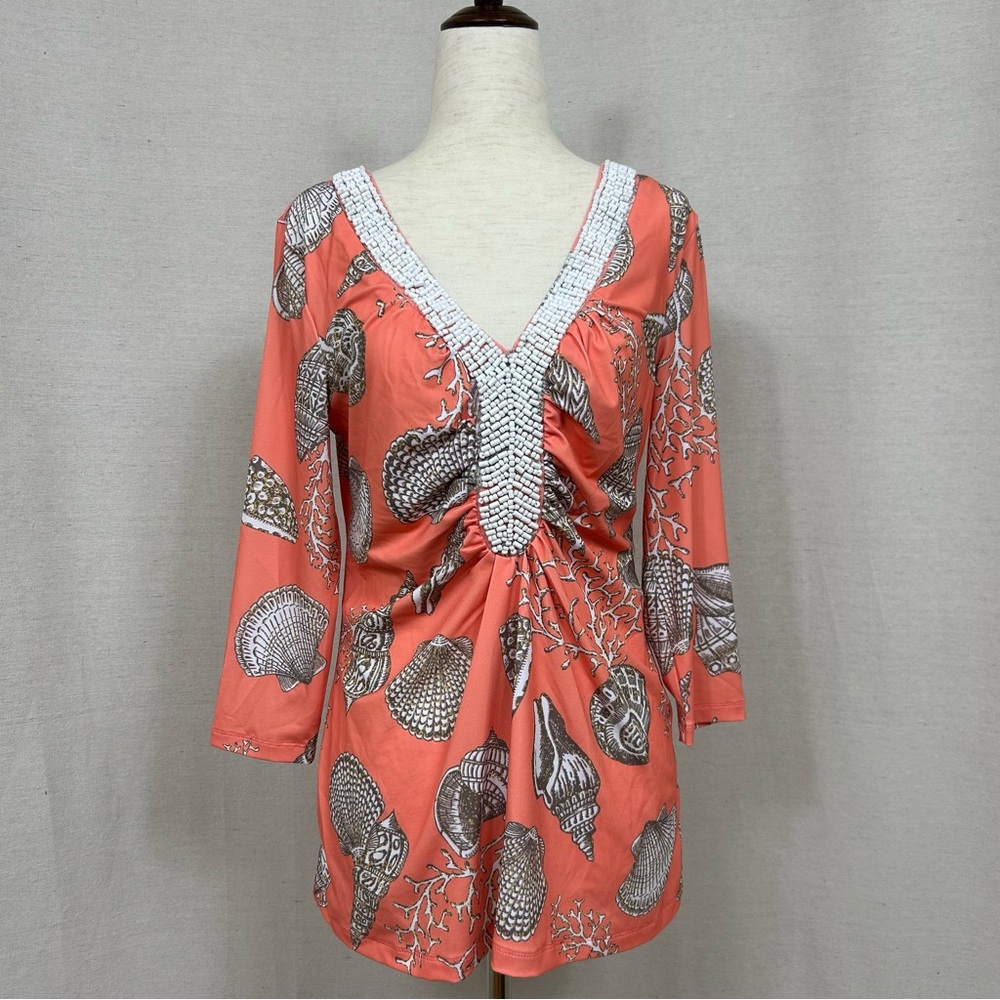 Boston Proper Coral Seashell Print Women's Top